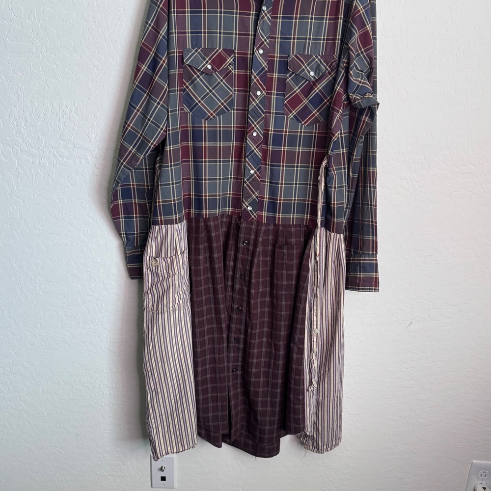 Wrangler Upcycled Western Patchwork Shirt Dress Plaid Striped Oversized Midi - Picture 5 of 11